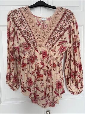 Eclipse Floral Lace-Trim Cream Blouse with Pink & Purple  Accents